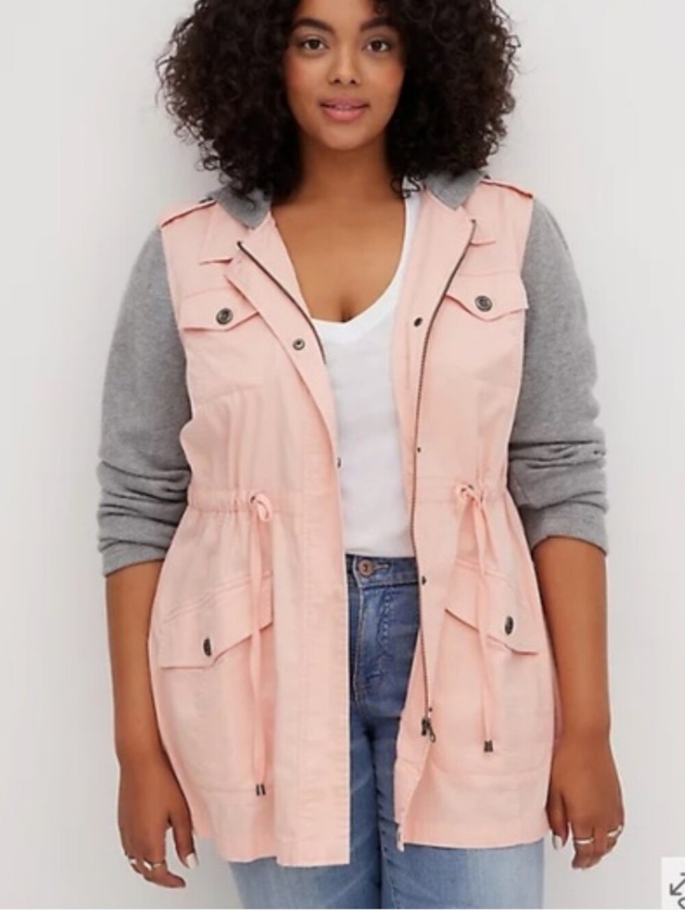 torrid Pink Utility Vest with Gray Hooded Knit Sleeves Twill Hacci Anorak Sz 4
